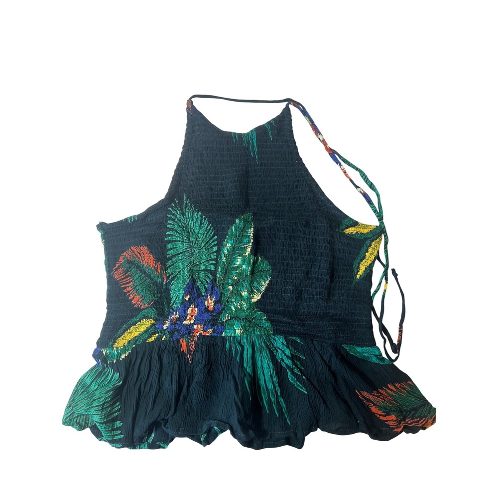 Patrons of Peace Womens Tropical Floral Smocked Halter Peplum Top Blue Large